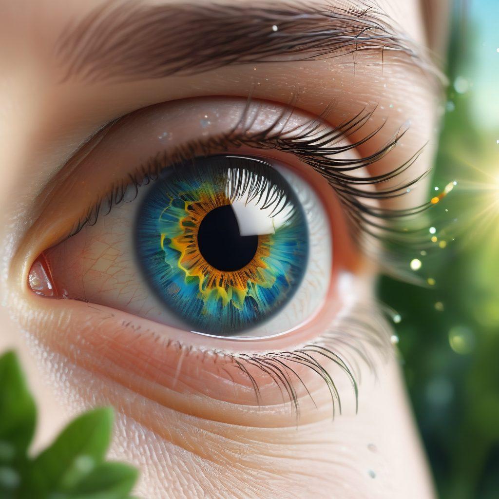 A soothing close-up of a human eye, reflecting vibrant colors of a natural landscape, symbolizing clarity and wellness. Surround the eye with soft, glowing elements that represent eye care tools like glasses, eye drops, and an abstract representation of an eye chart. The background should transition from bright daylight to a starry night, emphasizing vision wellness over time. super-realistic. vibrant colors.