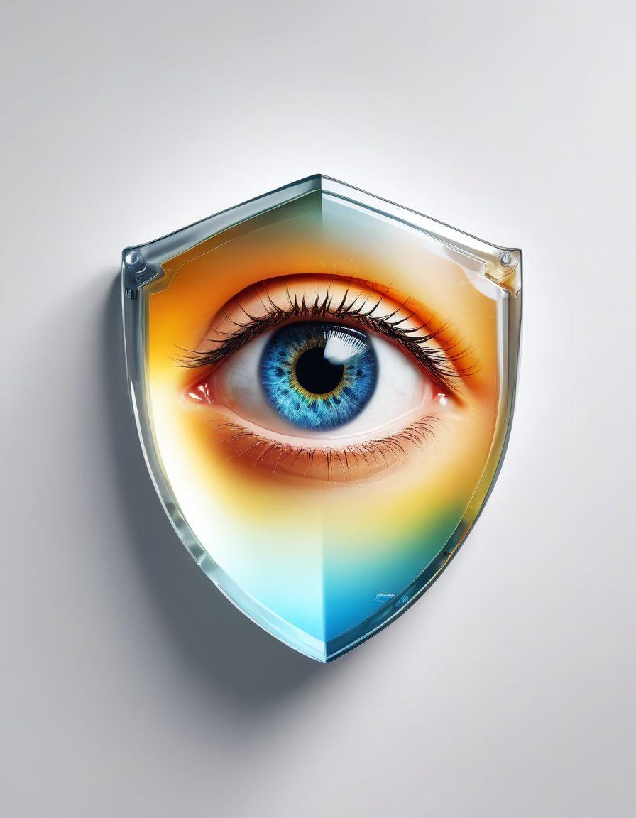 An eye-shaped shield made of glass reflecting bright light, surrounded by various ocular insurance documents and icons symbolizing coverage plans. Include vibrant colors to signify clarity and vision, and abstract representations of eye care such as glasses and lenses in the background. A subtle, uplifting ambiance in the scene conveys transformation and benefits. super-realistic. vibrant colors. white background.