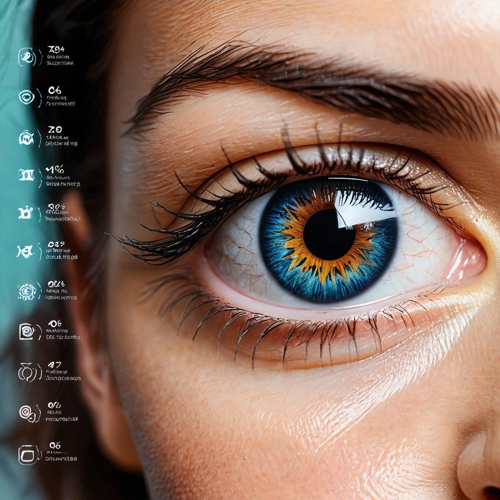 A close-up of a pair of healthy, sparkling eyes surrounded by a variety of vision-related elements like glasses, contact lenses, and vision charts. In the background, infographic-style icons illustrate benefit plans, highlighting eye care coverage and health tips. The color palette should be bright and vibrant, emphasizing wellness and clarity. Include subtle textures for depth. super-realistic. vibrant colors. infographic style.
